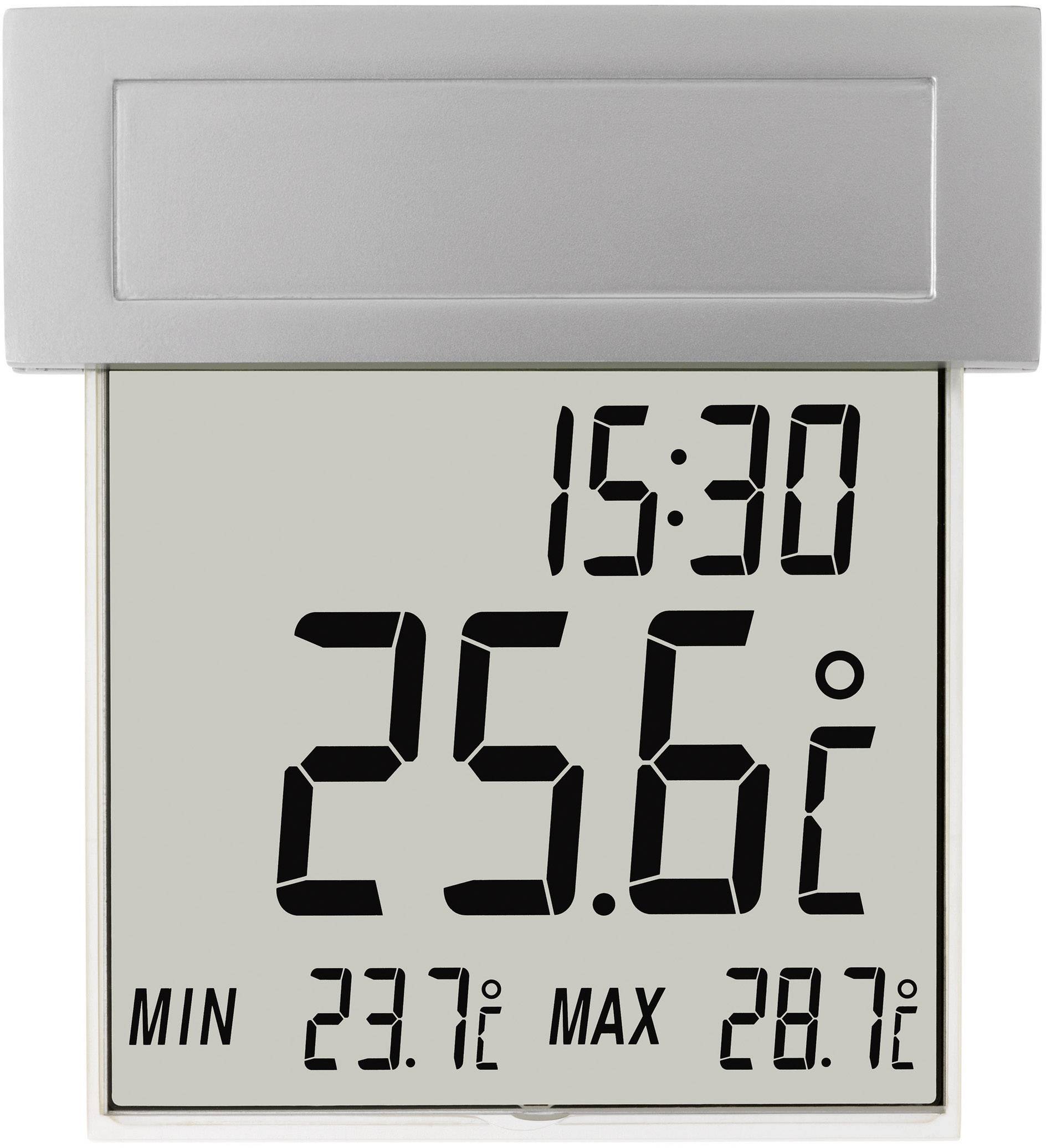Digitalt termometer med tidvisning '15:30'. Aktuell temperatur: 25,6°C. Min: 23,7°C, Max: 28,7°C. Övre silverram.
