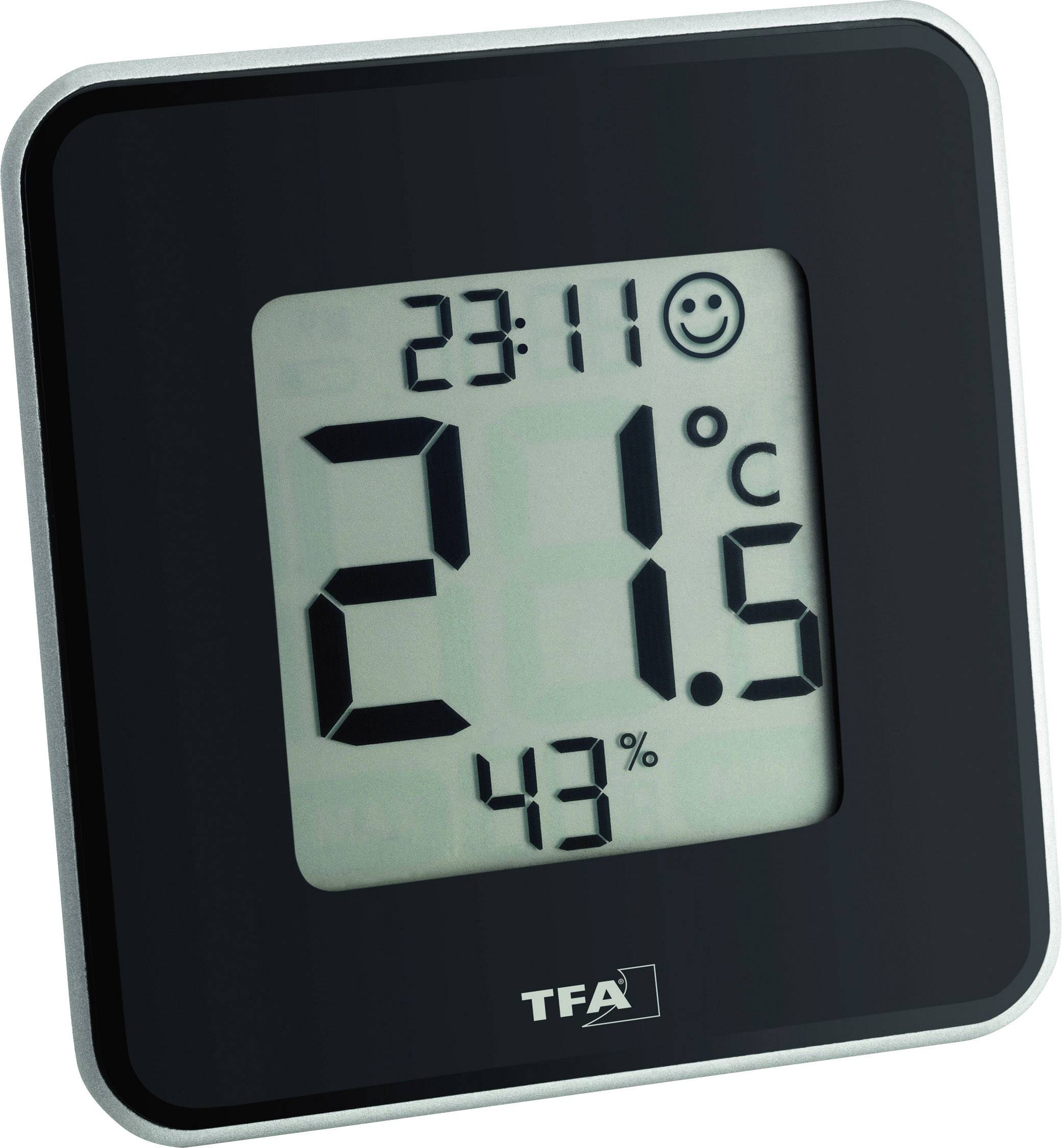 Ett digitalt termo-hygrometer visar 23:11, 21,5 grader Celsius och 43 procent luftfuktighet. Ett leende ansiktssymbol visas bredvid temperaturen.