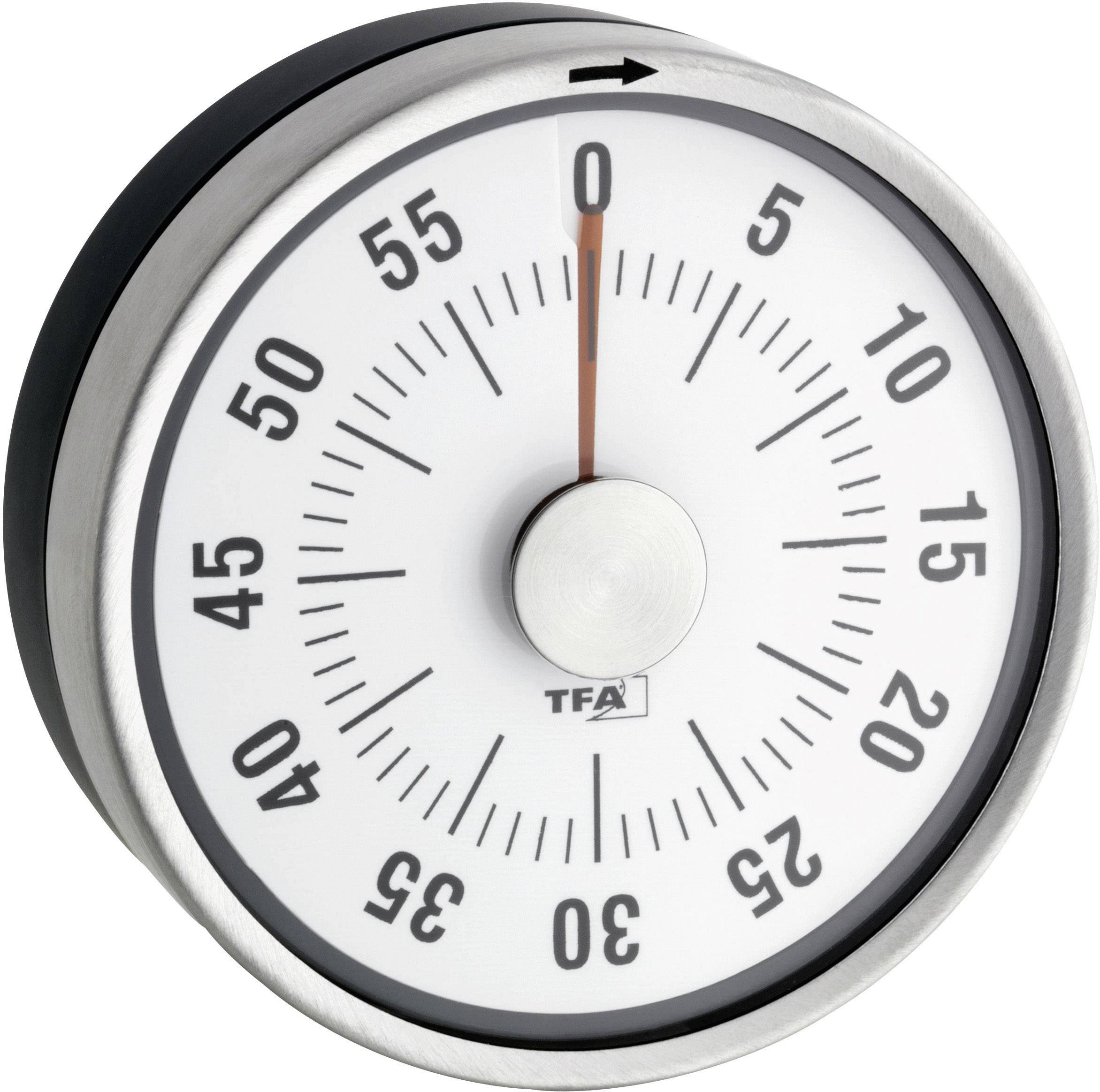 Mekanisk kökstimer, visar 30 minuter, med hölje av rostfritt stål. Skala från 0 till 60 minuter, pilen pekar på 0 minuter.