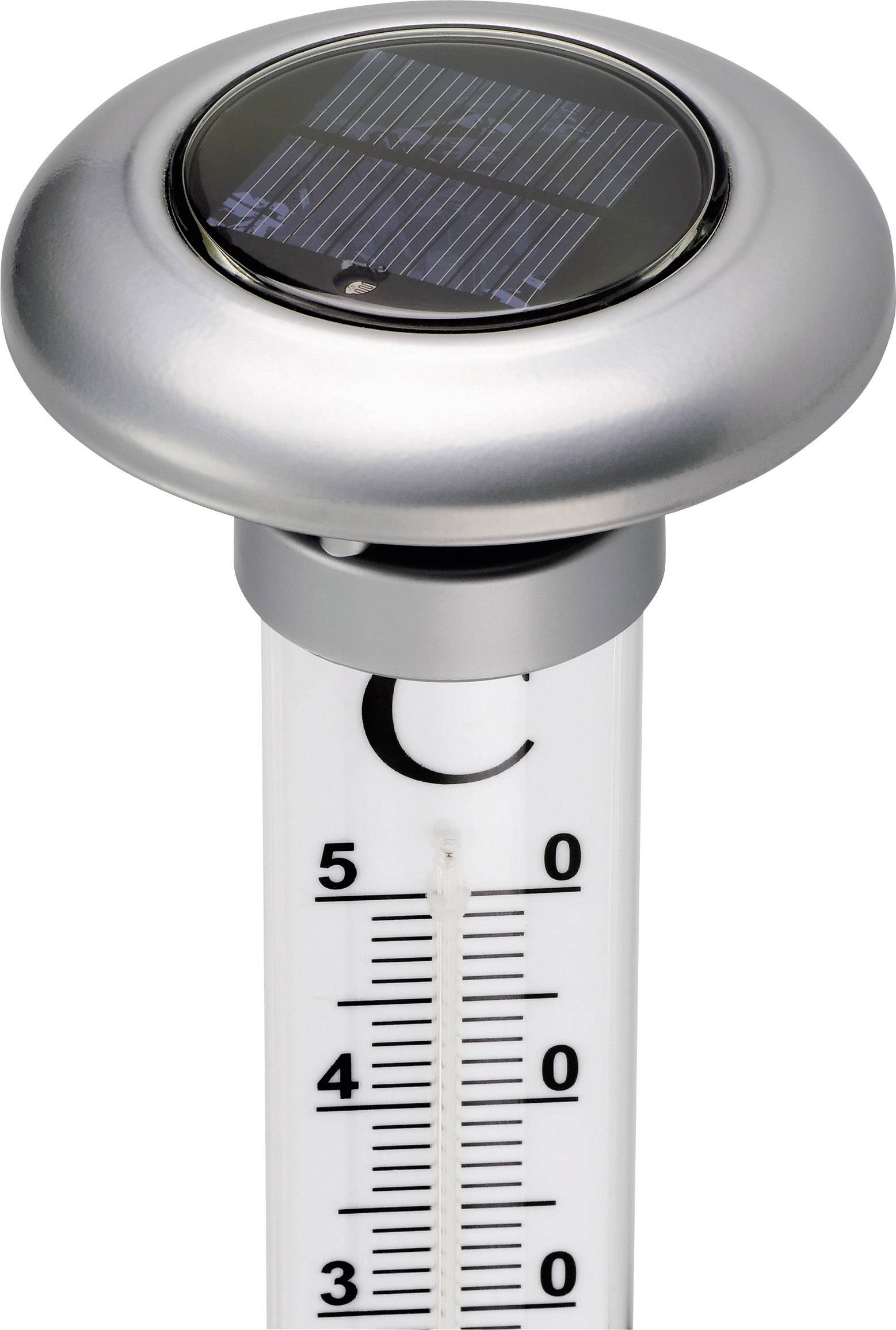 Silverfärgad pooltemperaturmätare med solpanel ovanpå, vertikal temperaturskala från 0 till 50 grader.