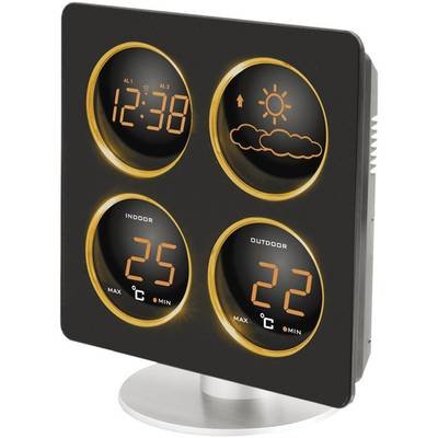Digital väderstation med fyra displayer: tid '12:38', soligt väder, inomhus- och utomhustemperatur på 25°C respektive 22°C.