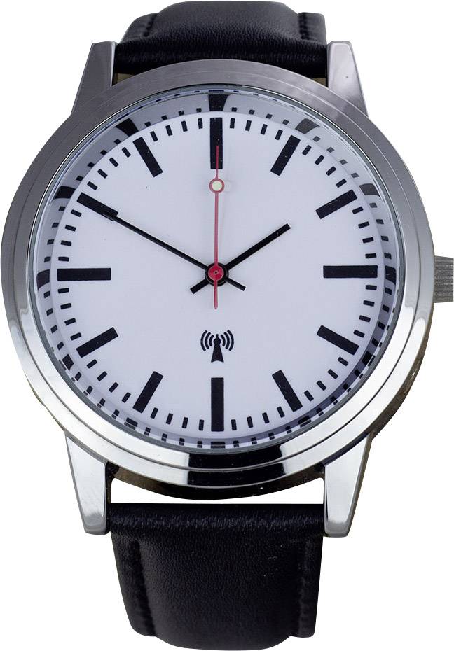 En analog armbandsur med svart läderrem och silverfärgat hölje. Urtavlan visar tiden 10:09.