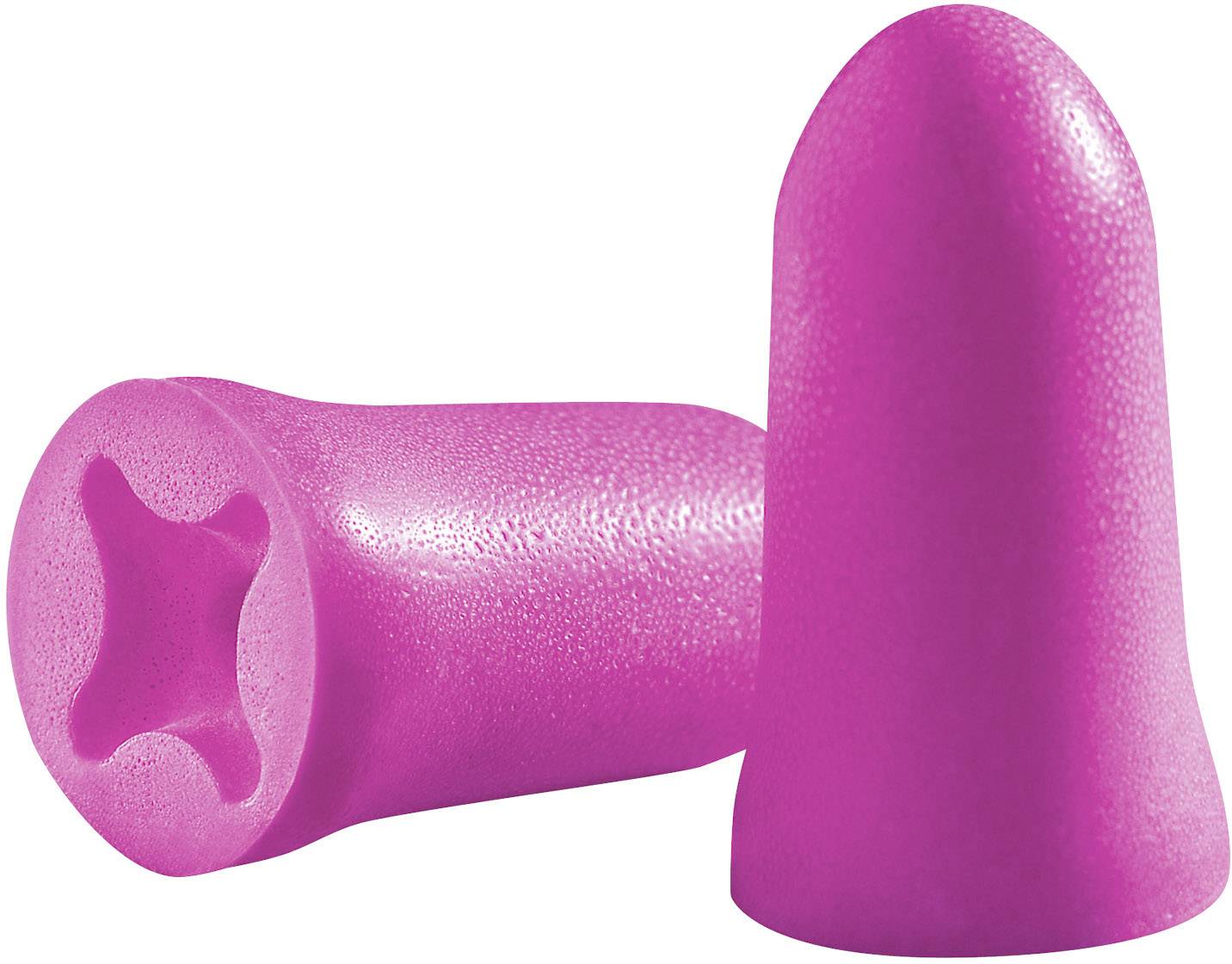 Två rosa skumöronproppar, den ena stående, den andra liggande plant. De används för att skydda mot buller.