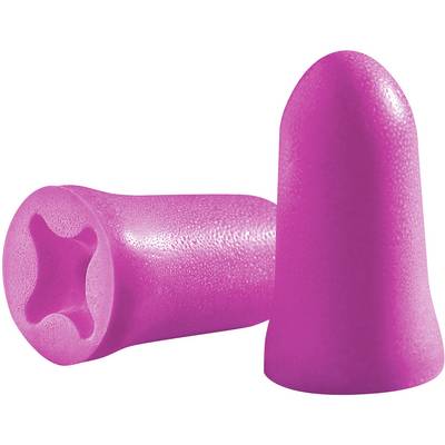 Två rosa skumöronproppar, den ena stående, den andra liggande plant. De används för att skydda mot buller.