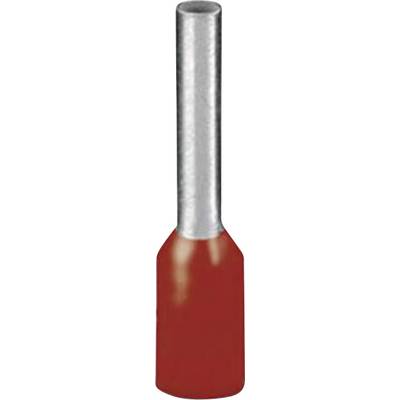 En röd-silvrig kabeländshusskontakt, med en lång cylindrisk övre del av metall och en kort, bredare nedre del av röd plast.