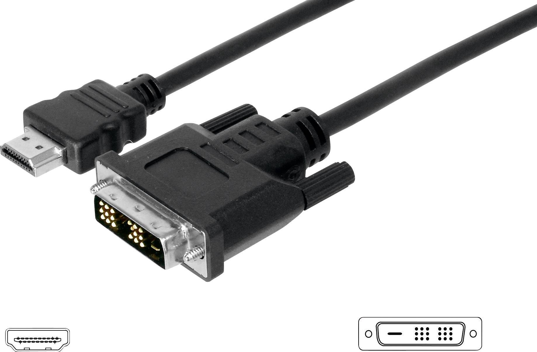 En HDMI- till DVI-kabel som möjliggör anslutning mellan digitala videoenheter. Vänster HDMI-kontakt, höger DVI-kontakt.