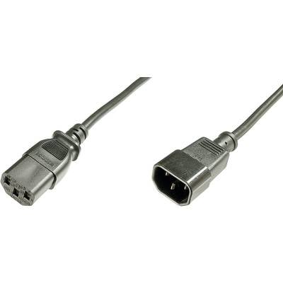 En svart nätverkskabel med en IEC C13-kontakt till vänster och en IEC C14-kontakt till höger.