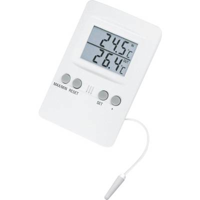 Ett digitalt termometer visar '24,5°C IN' och '26,4°C OUT'. Det har knappar för Max/Min, Reset, Set och en kabelsensor.