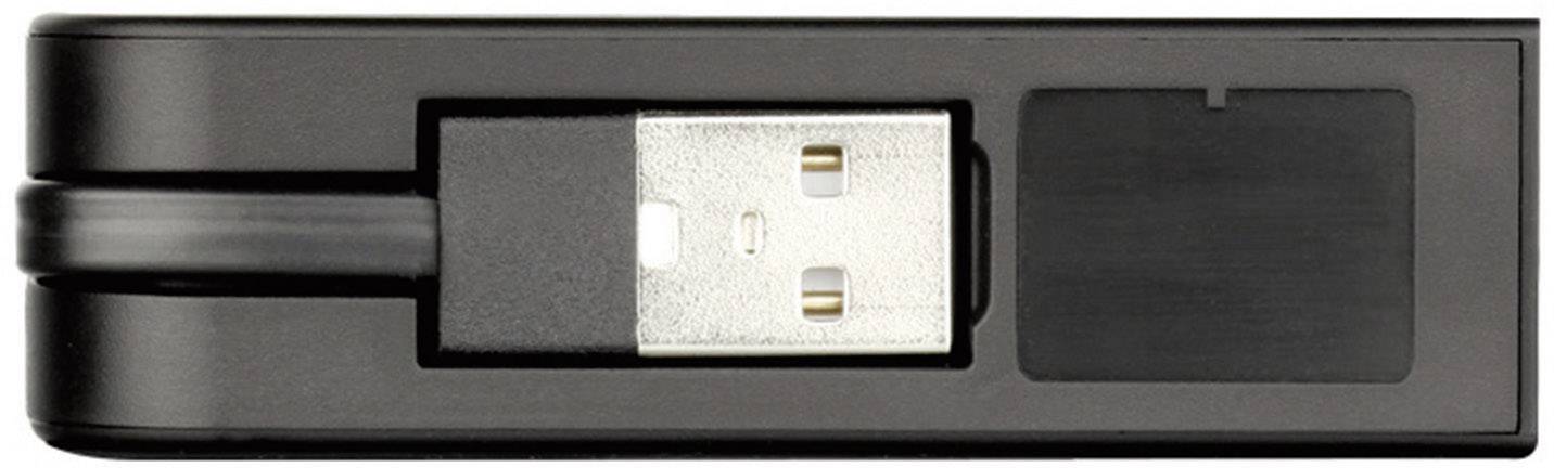 En svart USB-sticka med en skjutbar plastskydd som är delvis öppen, mot en vit bakgrund.