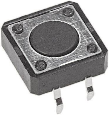 En fyrkantig tryckknapp med svart knapp och två metallkontakter nedtill, lämplig för elektroniska kretsar.