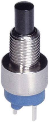 En liten, rund tryckomkopplare med en svart knapp och en blå sockel.