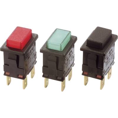 Tre vippströmbrytare med färgade lock: röd, grön och svart, lämpliga för elektroniska enheter, med guldkontakter undertill.