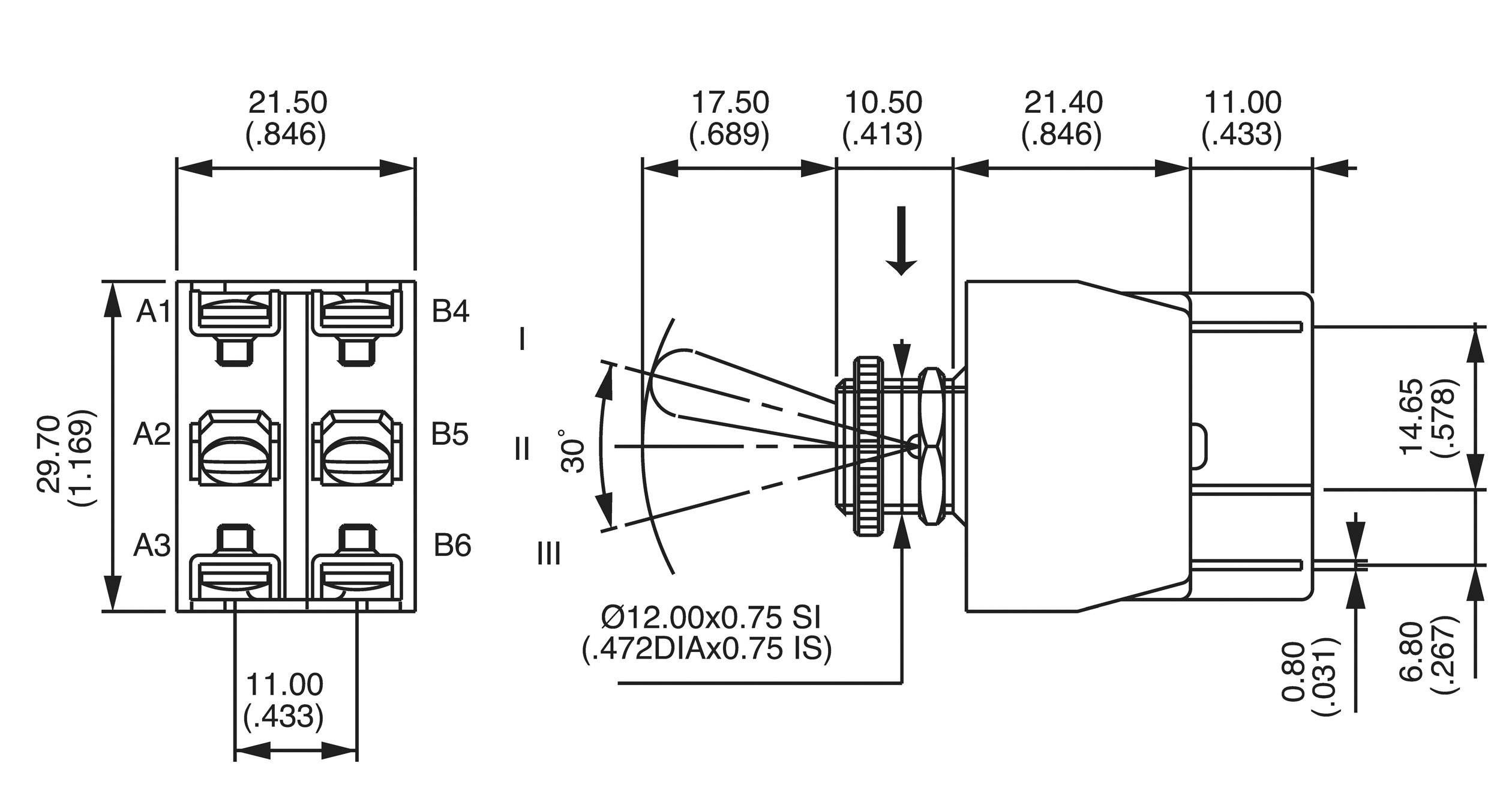 Teknisk ritning av en switch med dimensioner i millimeter och tum. Visar plan- och sidovy med detaljerade mått och gängspecifikationer.