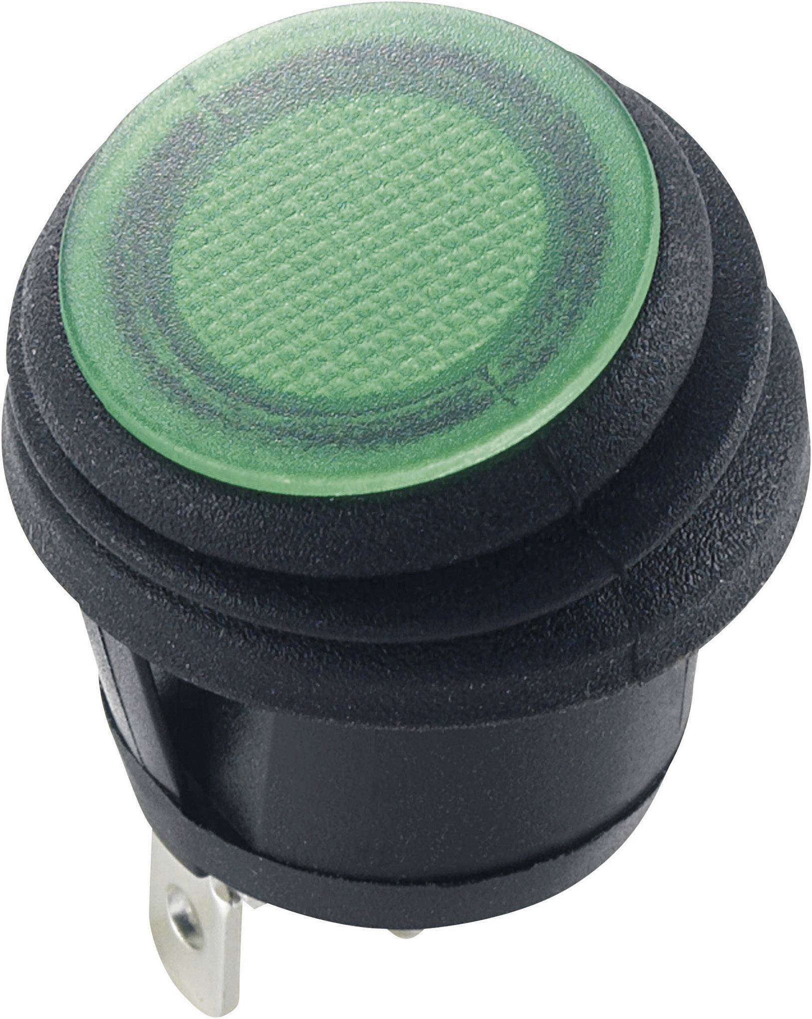Rund, grön tryckknappbrytare i ett svart hölje, med en utskjutande metallpinne för fastsättning eller anslutning.