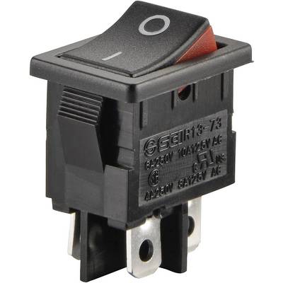 Svart-röd vippströmbrytare med På-/Av-symboler, lämplig för elektroniska enheter. Visar aktuella specifikationer på sidan.