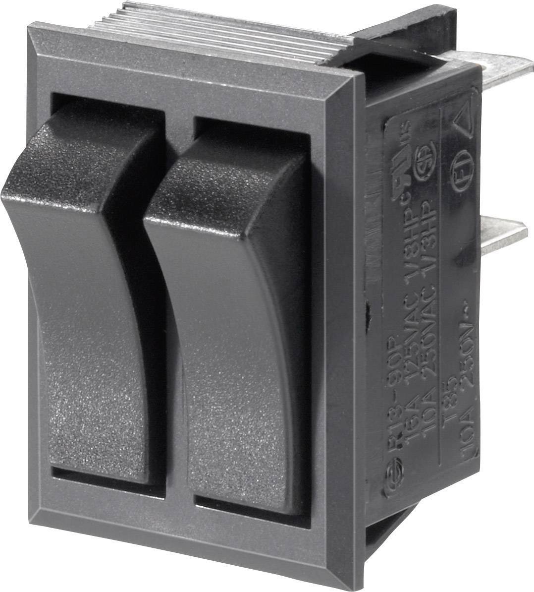 En svart vippströmbrytare med två lägen. Används för att styra elektroniska enheter genom att slå på och av.