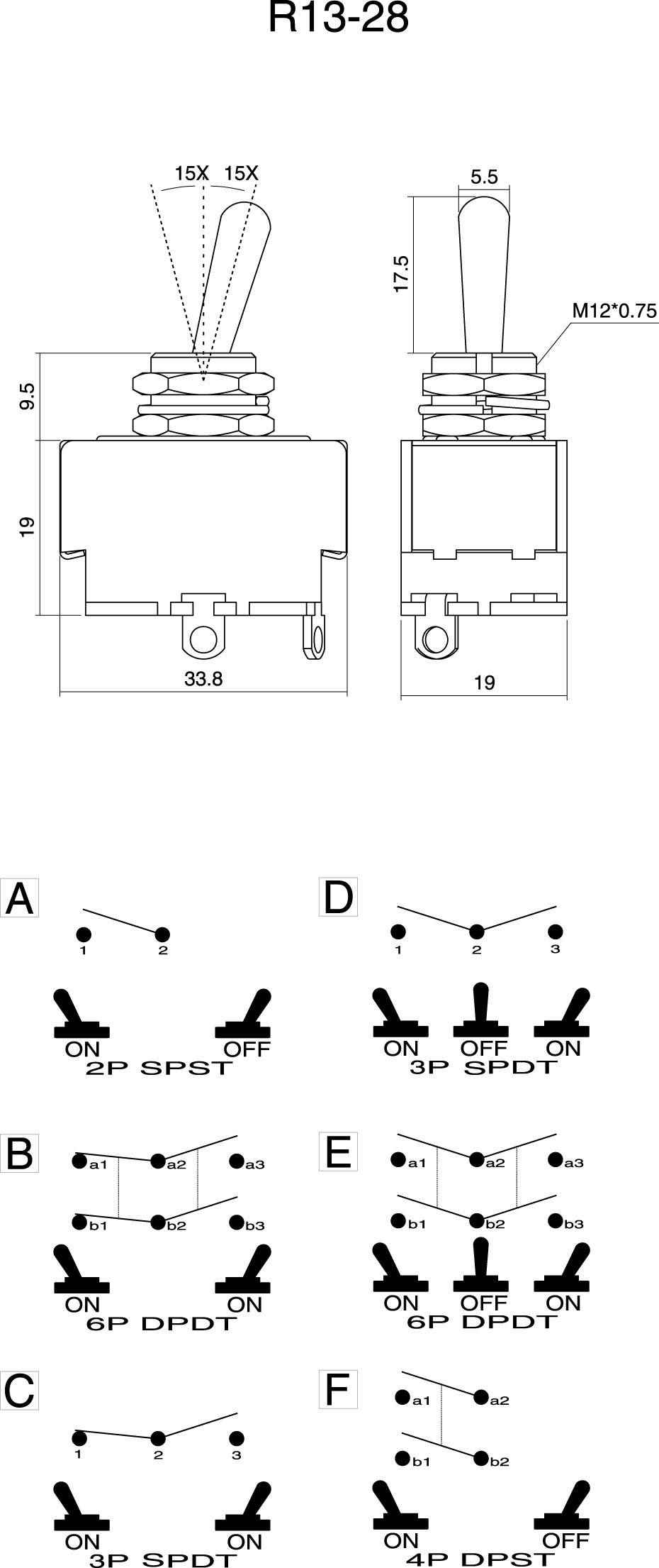 Teknisk ritning av en R13-28 vippströmbrytare med dimensioner och två vyer. Längst ner sex kopplingsscheman (A-F) för olika konfigurationer.