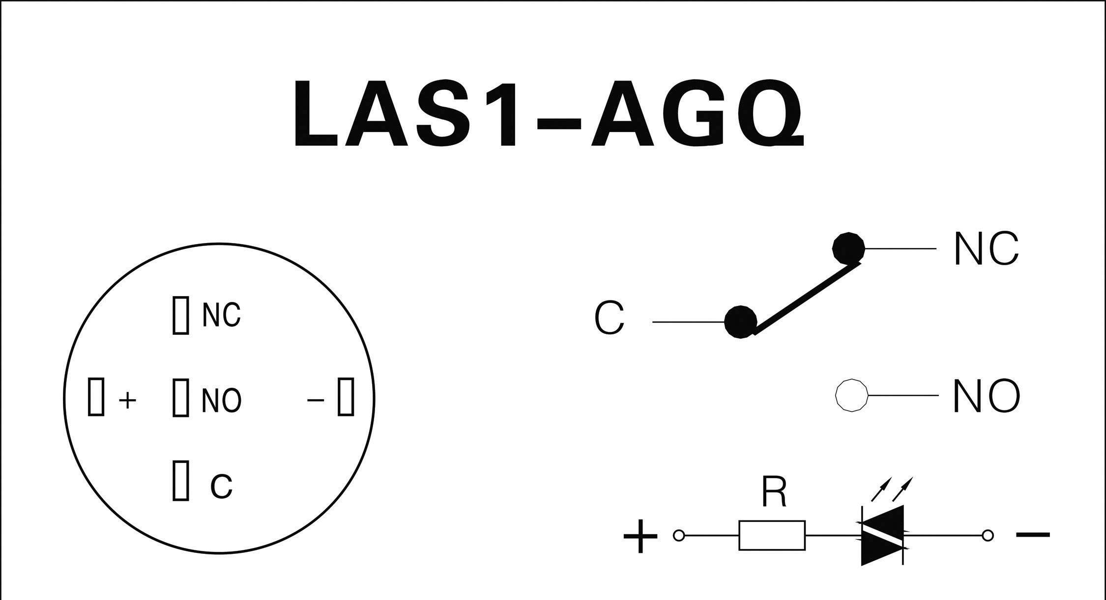 Omkopplingsymbol för ett relä: 'LAS1-AGQ'. Visar anslutningar för C, NC och NO samt en LED med motstånd i kretsen.