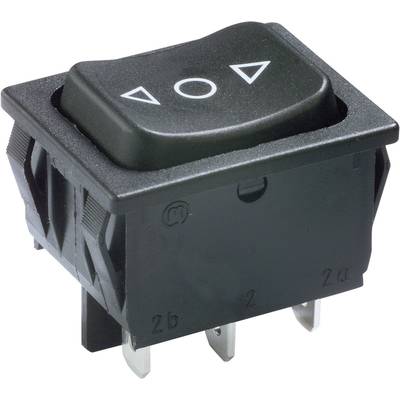 Svart vippströmbrytare med pilsymboler uppåt och nedåt. Används för att styra elektronik eller enheter.