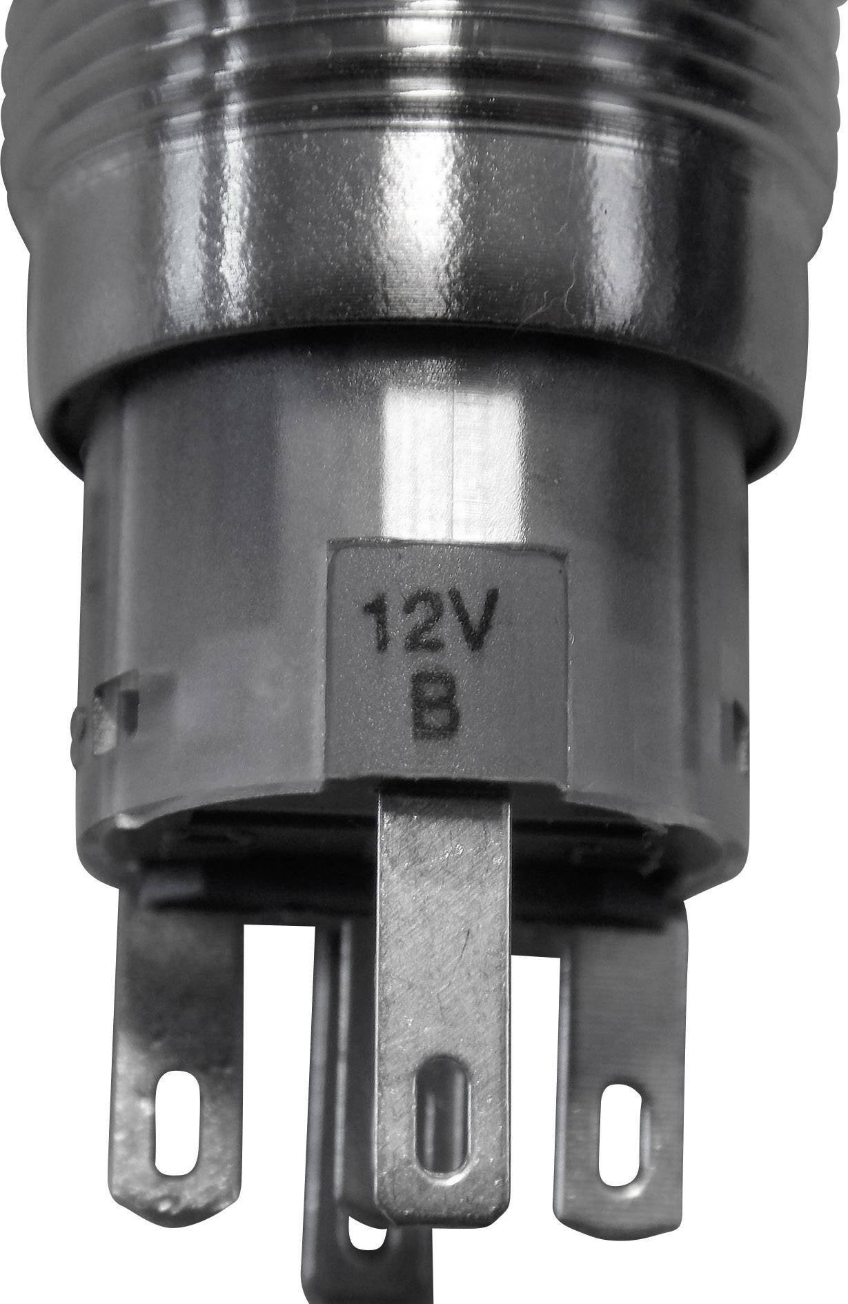 En grå, cylindrisk kontakt med texten '12V B' som visar metallkontakter på undersidan.