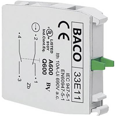 Vit elektrisk komponent med grön knapp, märkesetikett 'BACO', tekniska specifikationer och certifieringsmärken tryckta.