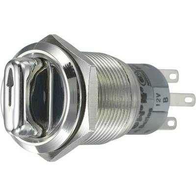 Metallisk tryckomkopplare med pilsymbol och tre anslutningar, lämplig för 12V-system.