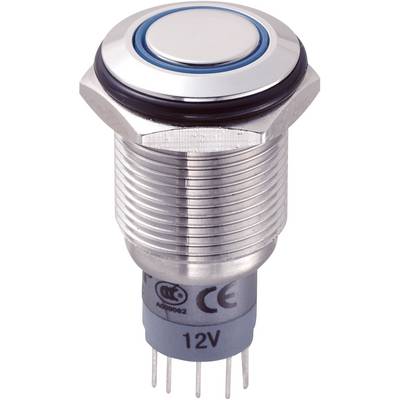 En rund metallisk tryckknappsbrytare med blå kant och CE-märkning. Lämplig för 12V-system, visar flera anslutningsstift.