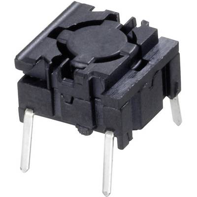 En svart elektronisk switch med fyra metallstift avsedda för montering på ett kretskort.
