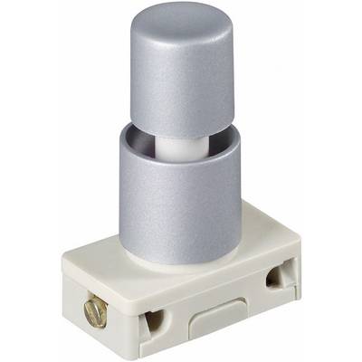 Tryckomkopplare med cylindrisk silverknapp på rektangulär, vit bas, med synlig skruv till vänster.
