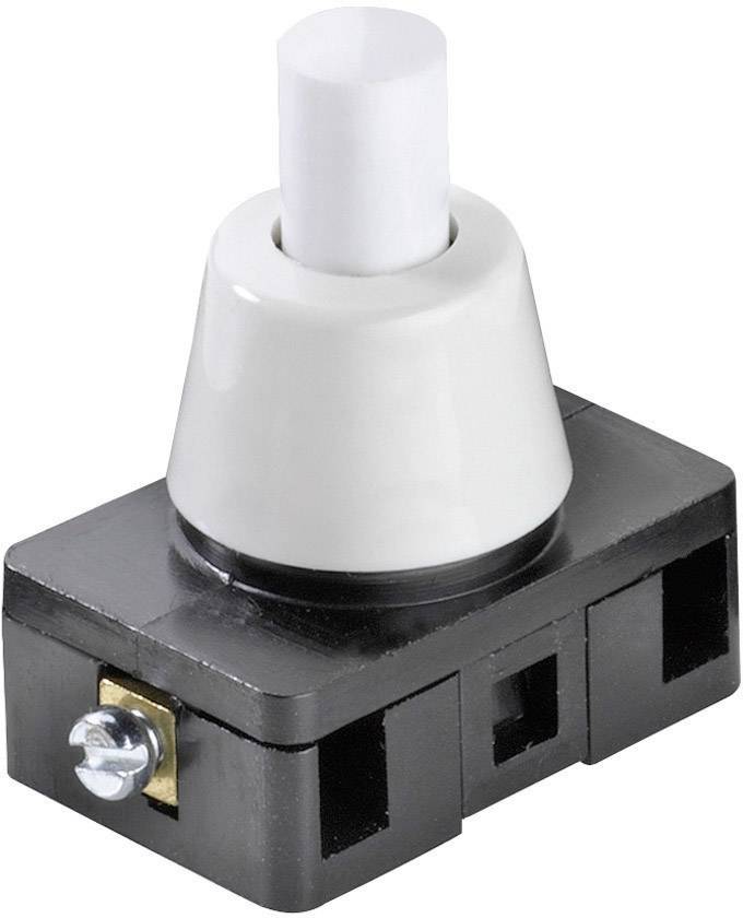 En svart, rektangulär trycknapp med en vit, cylindrisk pinne, monterad på en svart bas med metallskruv.