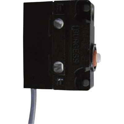 En svart, rektangulär mikroswitch med en röd knapp och texten 'BURGESS' på framsidan, sidovy.