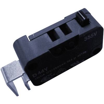 En svart mikrobrytare med metallspak; påskrift 'D44Y' och '10A 125/250VAC'.