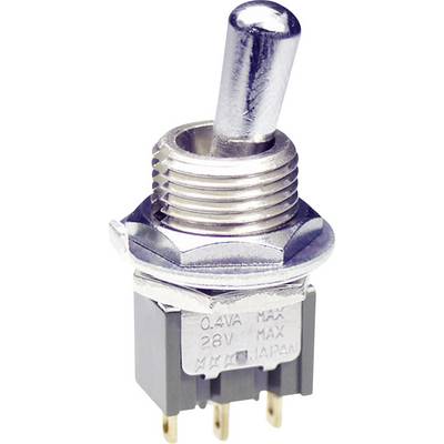 En silverfärgad vippströmbrytare med anslutningsstift, märkt med '0.4VA MAX 28V MAX JAPAN'.