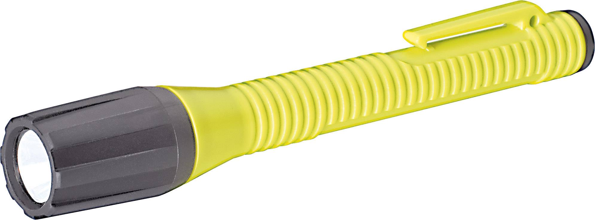 Gul ficklampa med svart huvud och clips, i diagonalt perspektiv.