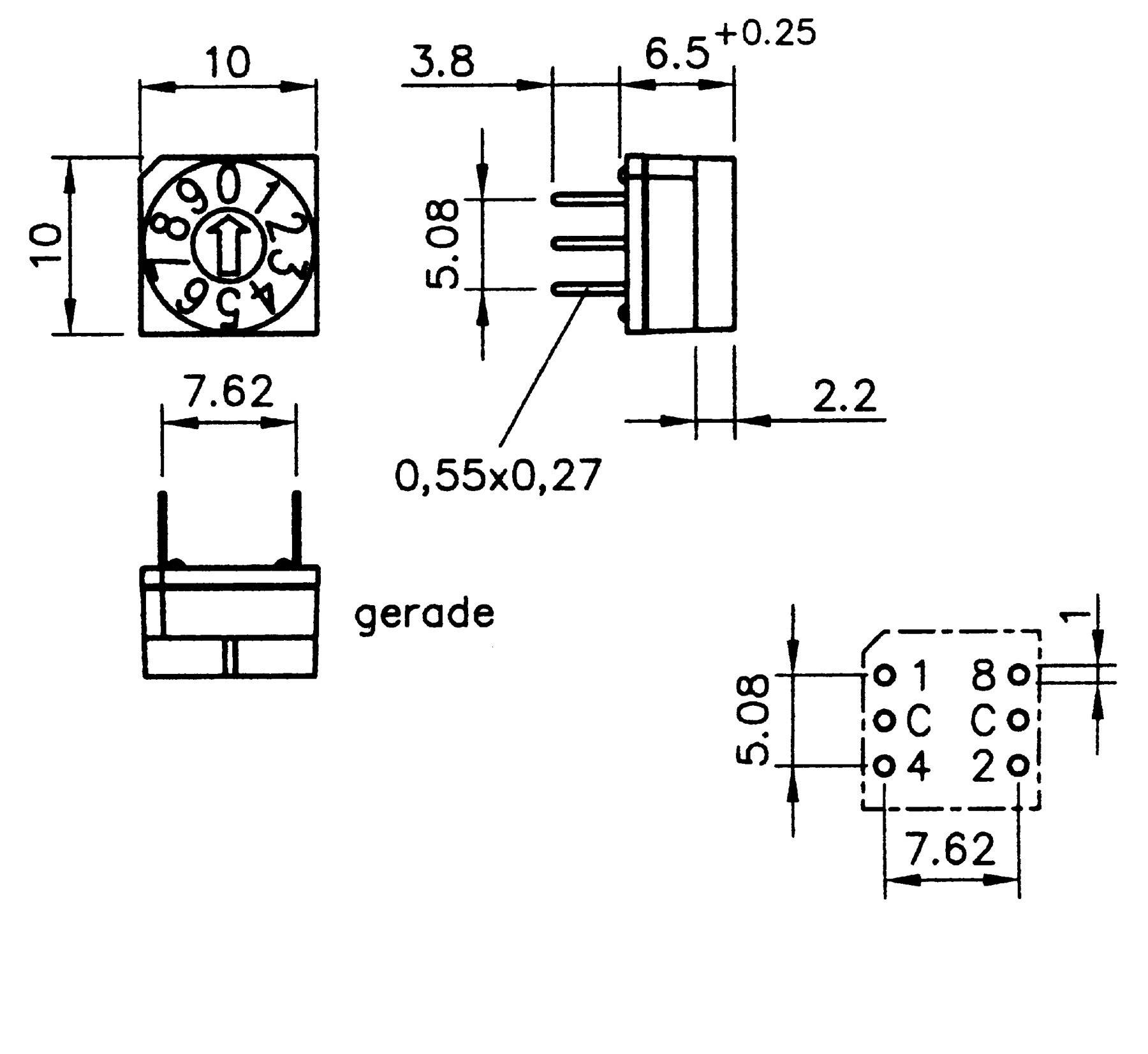 Teknisk ritning av en elektrisk vridströmbrytare med dimensioner. Urtavla med siffror 0-9, stiftanslutningar, mått i millimeter.