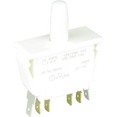 En vit vippströmbrytare med flera metallkontakter. Påtryckt text visar elektriska specifikationer: 10 Ampere, 125/250 VAC.