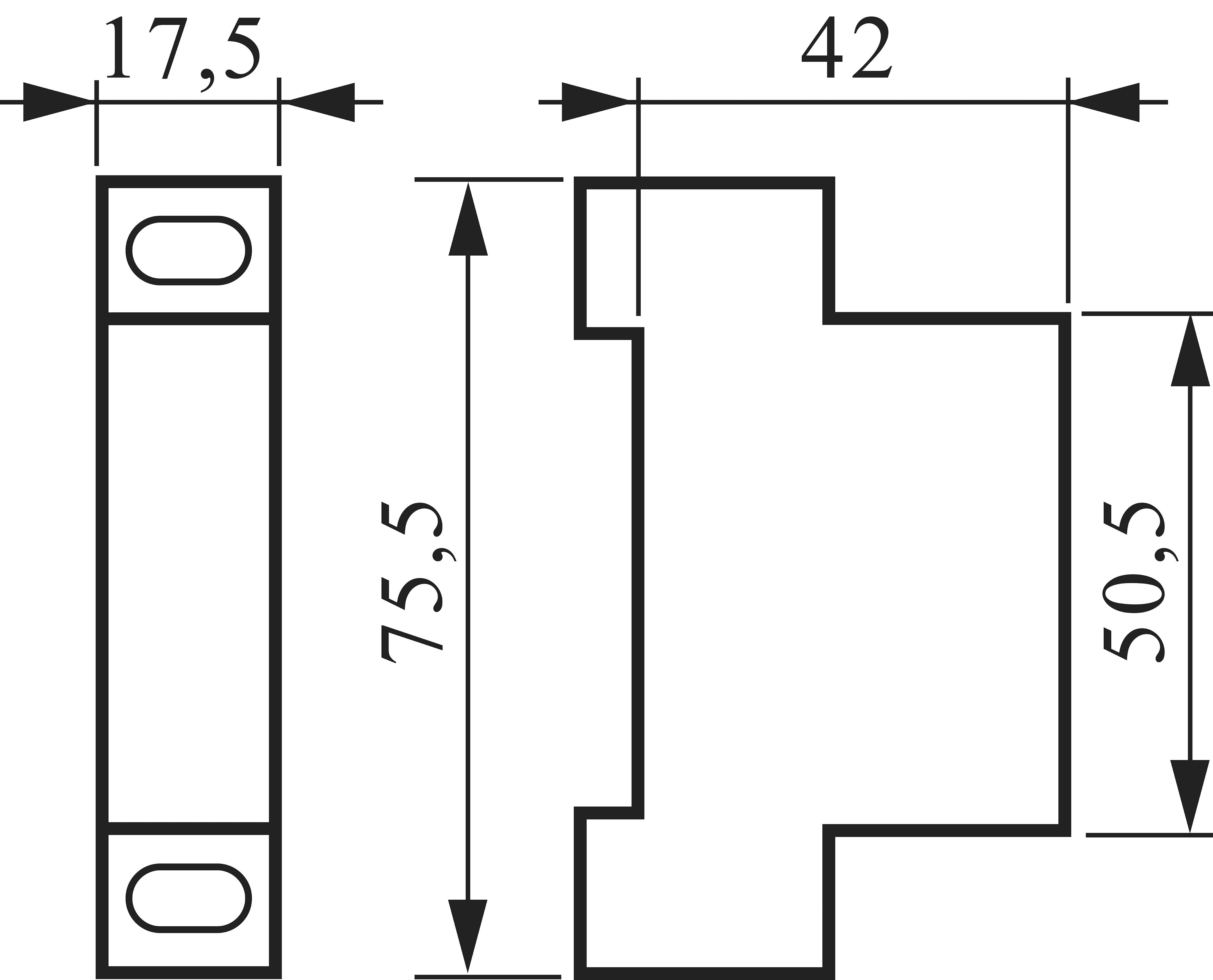 Teknisk ritning av en komponent med mått: bredd 17,5 mm, höjd 75,5 mm, djup 42 mm. Höjd på det högra segmentet 50,5 mm.
