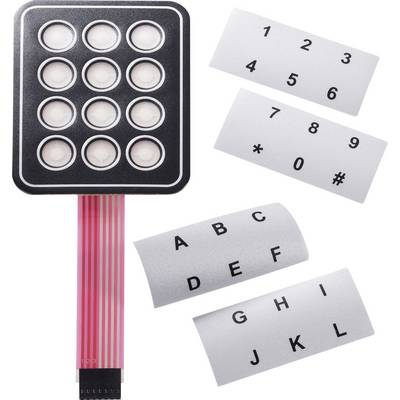 Ett 12-tangents manöverpanel med utbytbara tangentark för siffror och bokstäver. Lämplig för olika elektroniska tillämpningar.