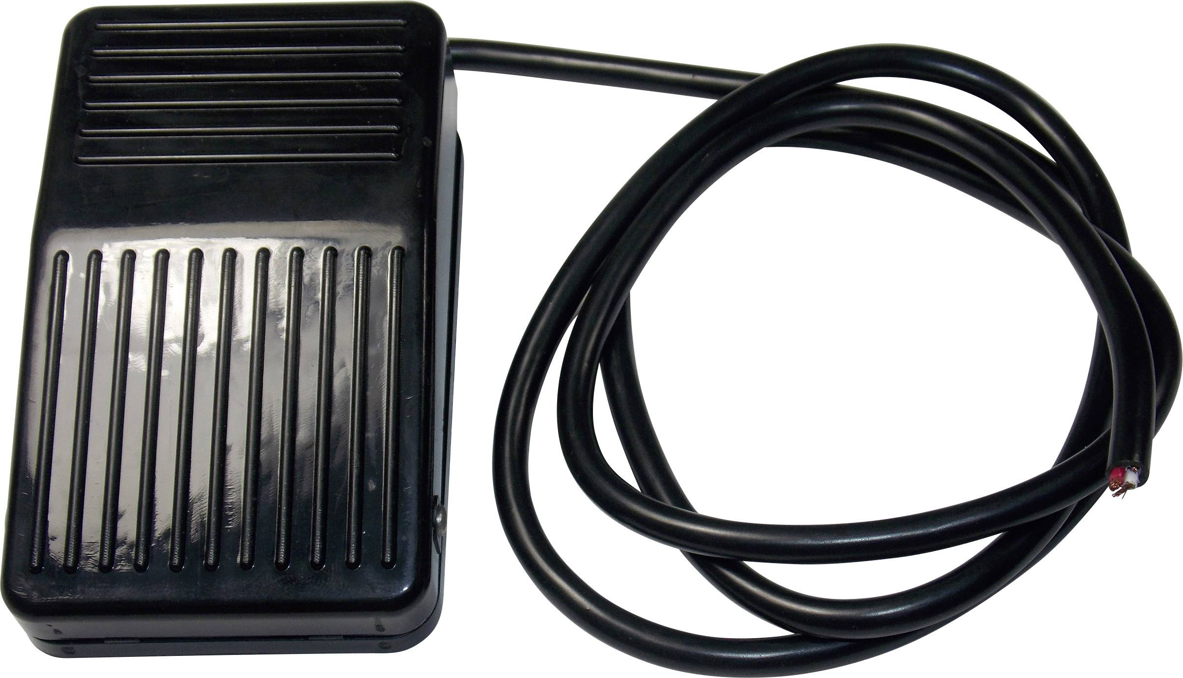 Ett svart fotpedal med kabel, som används för att styra elektroniska enheter.