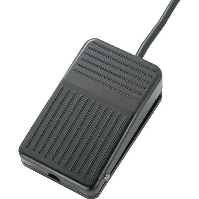 Ett svart fotpedal med räfflad yta och ansluten kabel, framför en vit bakgrund.