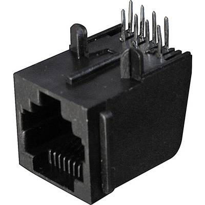 Svart RJ45-uttag med metallstift som används för att ansluta nätverksenheter. Huvudsakligen för Ethernet-anslutningar.