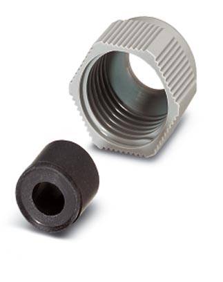 Två cylinderformade delar: Ett grått, räfflat yttre hölje och en svart innercylinder. Mekaniska förbindelsekomponenter.