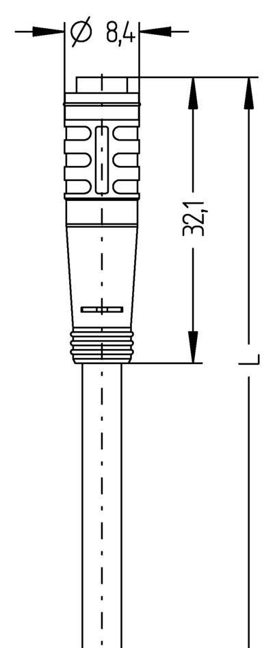 Teknisk ritning av en kontakt med en diameter på 8,4 mm och en total längd på 321 mm, visar designdetaljer.