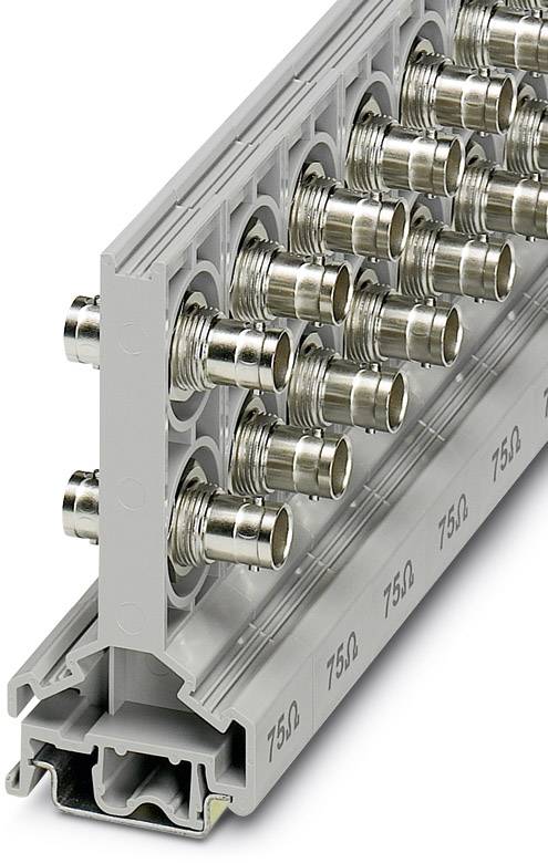 Metallisk kontaktblock med flera vertikala anslutningsuttag, för 75 ohms koaxialkabel, i ett grått fäste.