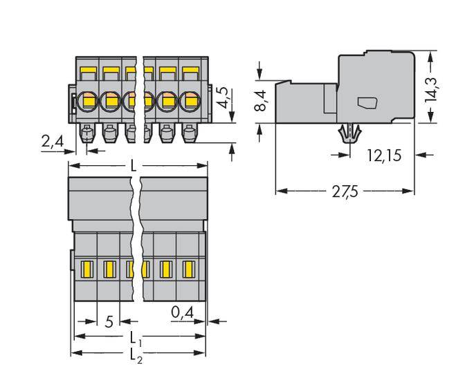 Teknisk ritning av en elektrisk klemma med dimensioner. Visar front- och sidovy med exakta mått i millimeter.