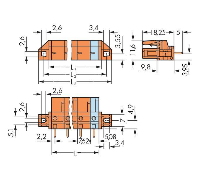 Teknisk ritning av en elektrisk kontakt med detaljerade mått; front- och sidovy med dimensionsangivelser.