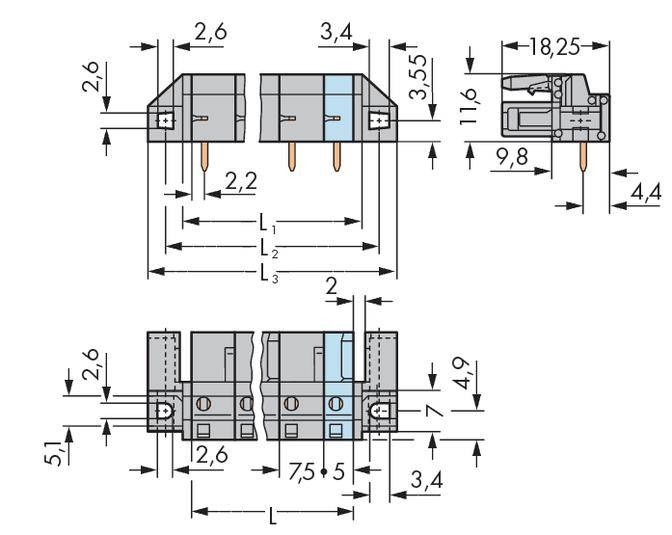 Teknisk ritning av en elektrisk kontakt med flera dimensionsangivelser i millimeter.