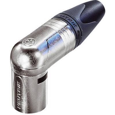 Neutrik XLR-kontakt med en böjd design för ytsnål kabelanslutning, i silver och svart.