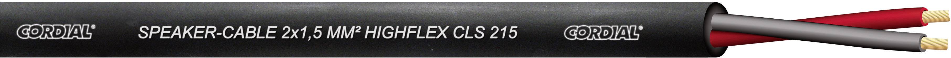 Närbild av ett högtalarkabel med svart yttre hölje. Två ledare: en röd och en svart. Text på kabeln: 'SPEAKER CABLE 2X1,5MM HIGH FLEX CLS 2 16'.