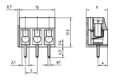 Teknisk ritning av en elektrisk kontakt med dimensioner i millimeter, front- och sidovy, mått markerade.